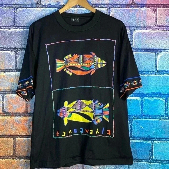 Vintage Option Graphic T-Shirt Fish  Black Medium - Picture 1 of 7